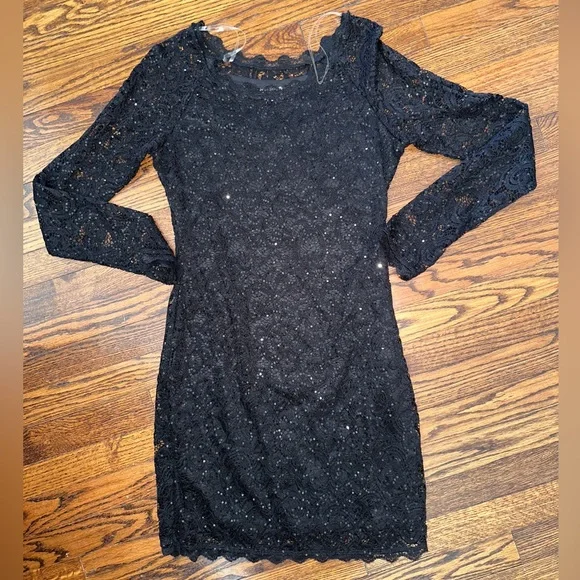 Sequin Hearts | Dresses | Sequin Hearts Black Lacy Sequined Formal Mini  Dress Long Sleeved | Poshmark